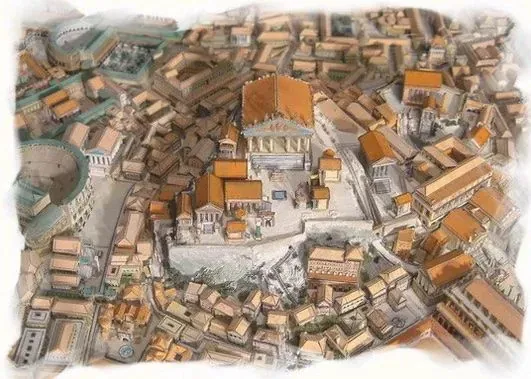 Model or illustration of Capitoline Hill in Rome featuring Piazza del Campidoglio