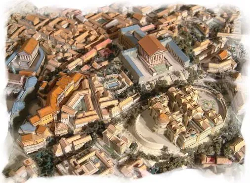 Aerial view of ancient Roman ruins archaeological site in Rome, Italy