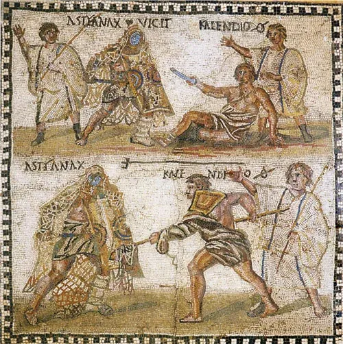 Fourth-century mosaic showing a retarius (net-fighter) fighting a secutor (armed with sword and shield)