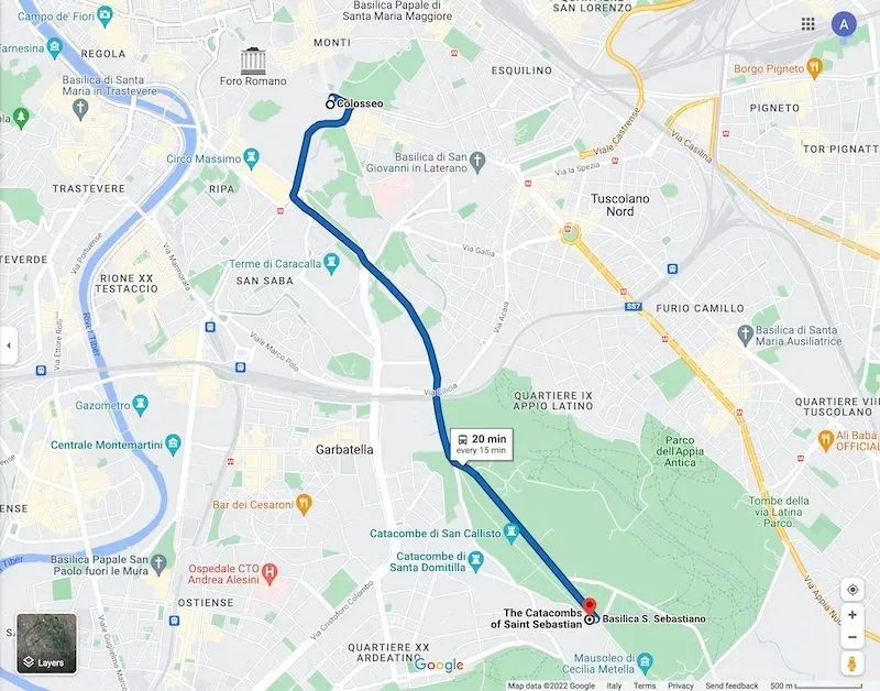 Bus-118-route-in-Rome-from-the-Colosseum-to-the-Catacombs-of-San-Sebastiano