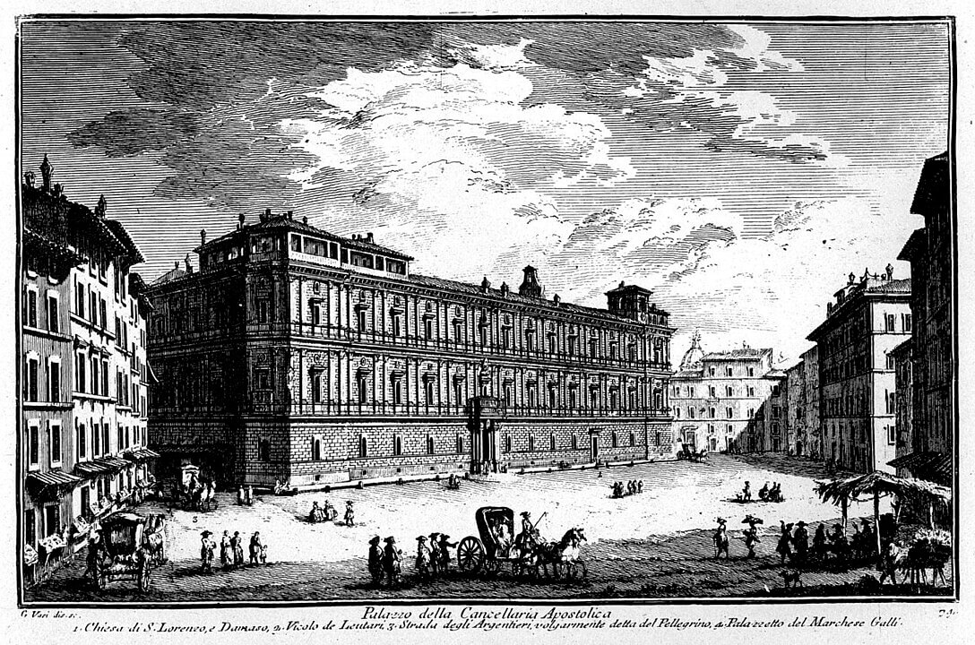 Etching of Palazzo della Cancelleria bordering Campo de' Fiori by Giuseppe Vasi