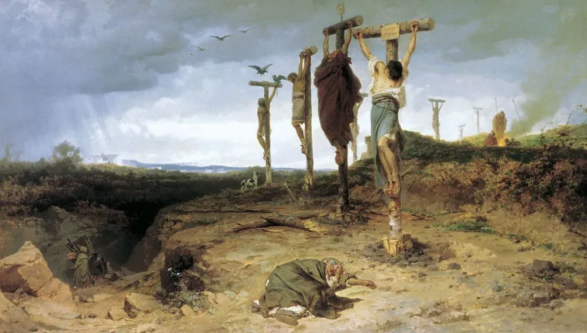 Painting by Fedor Bronnikov depicting crucifixion on the Via Appia in ancient Rome