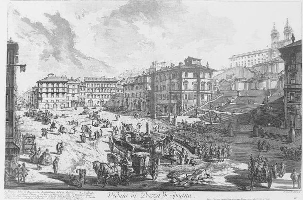 Historical etching of Piazza di Spagna (Spanish Steps) in Rome, showing the steps, Trinità dei Monti church, and surrounding area