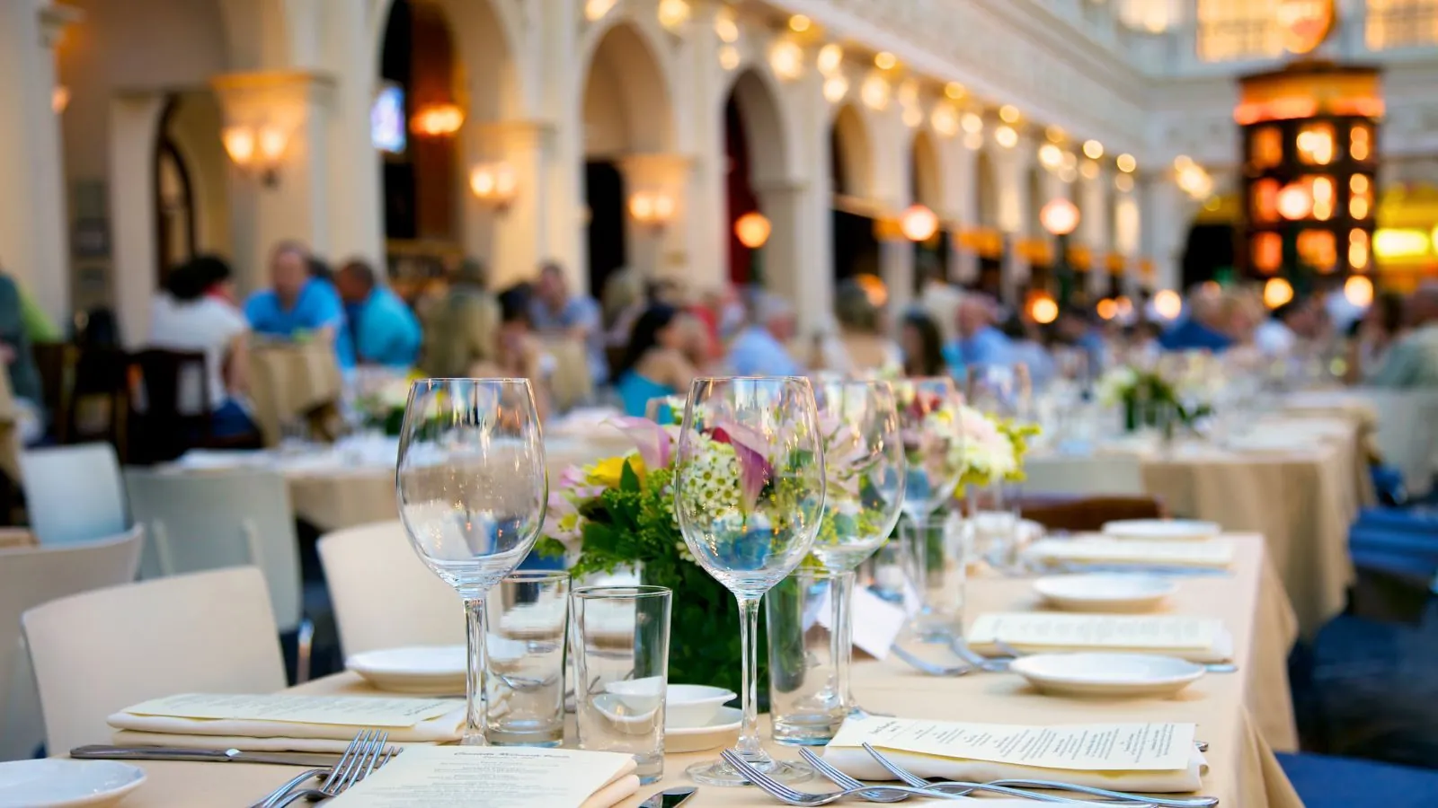 Restaurant dining area with set tables in Florence, Italy